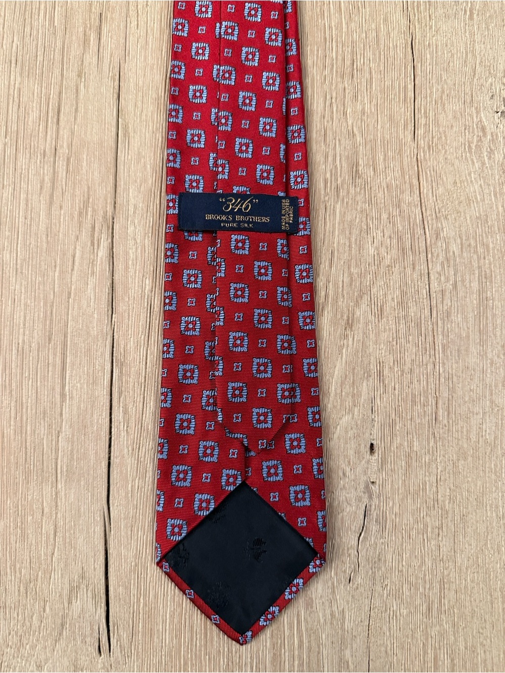 Brooks Brothers Red Silk Tie with Blue Geometric Motif